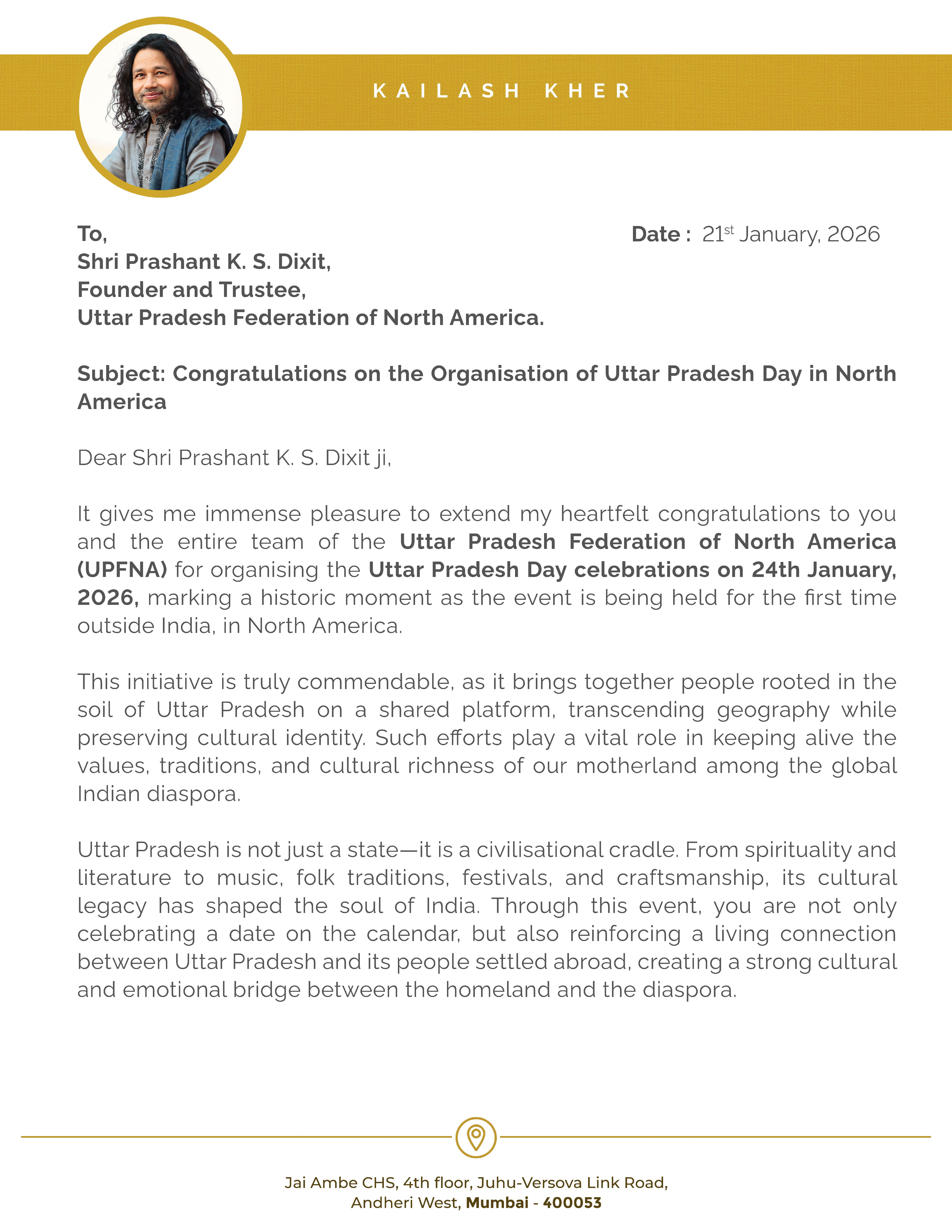 Kailesh Kher Letter to Shri Prashant KS Dixit (Page 1)